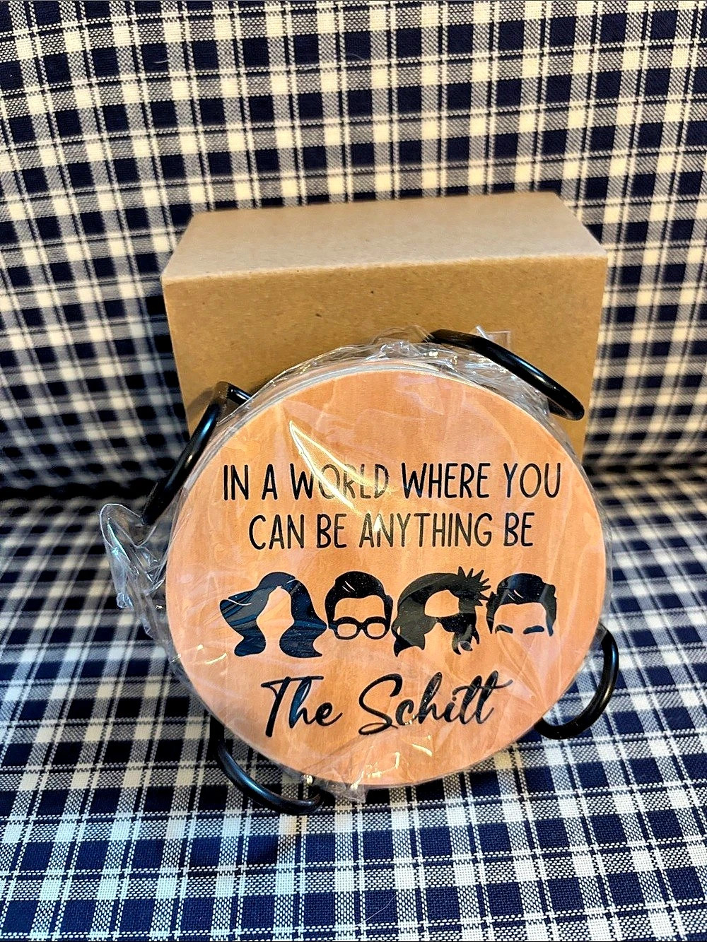 Schitt’s Creek set of six humorous coasters with holder